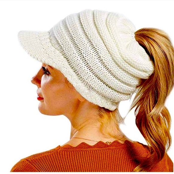 Beige Messy Pony Tail Beany Cap/Hat - Picture 3 of 5